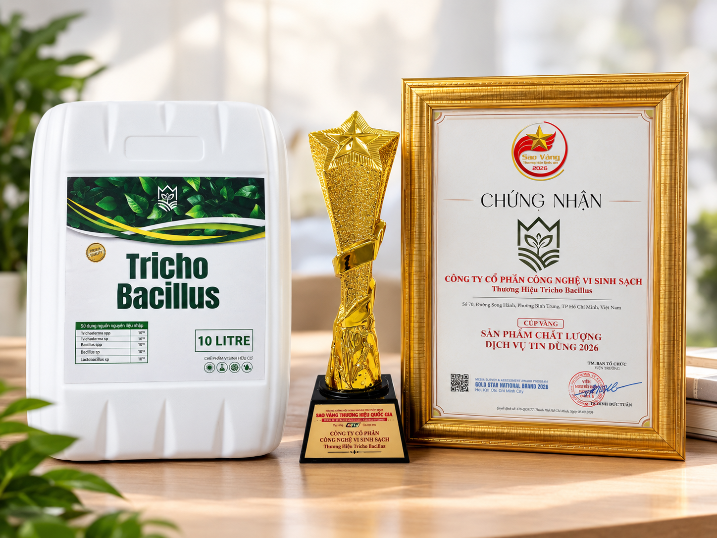 Sản phẩm Tricho Bacillus cùng cúp và chứng nhận