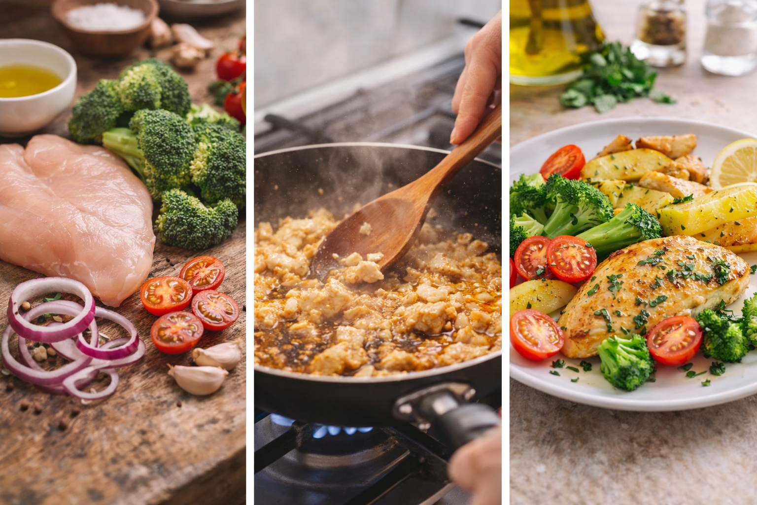 3 passos: ingredientes frescos, preparação na panela, prato finalizado