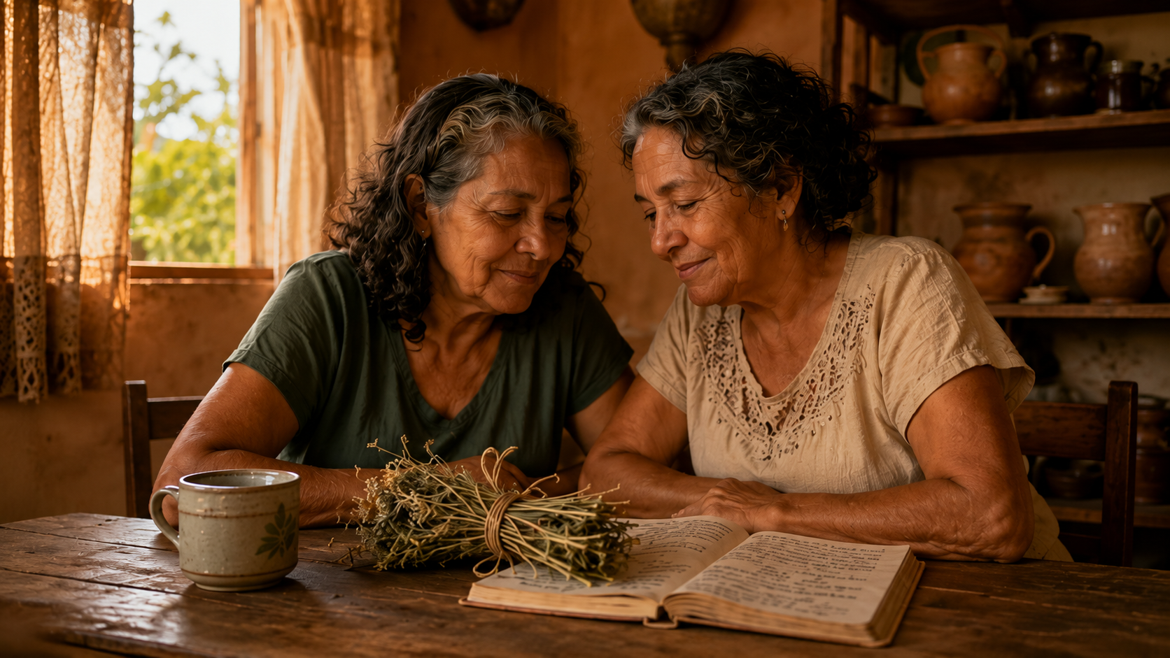 Duas irmãs maduras sentadas juntas à mesa, lendo um caderno de receitas naturais com ervas secas ao lado