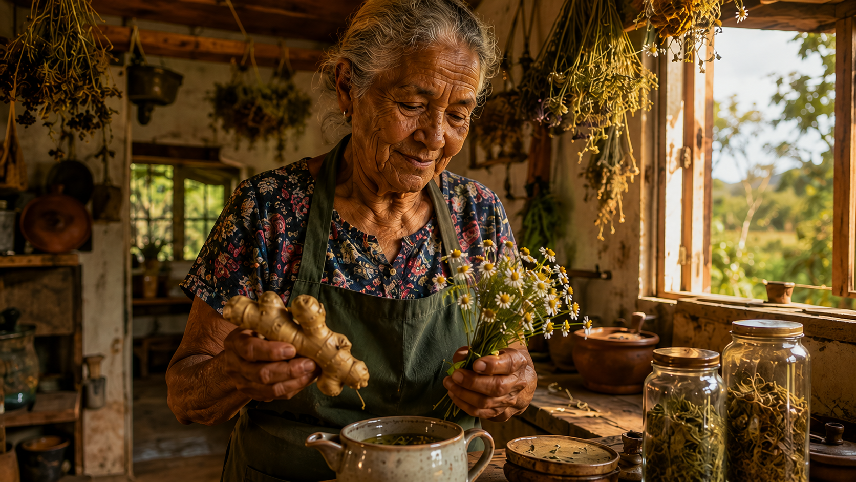 Senhora idosa em uma cozinha rústica cheia de ervas penduradas, segurando raiz de gengibre e flores de camomila