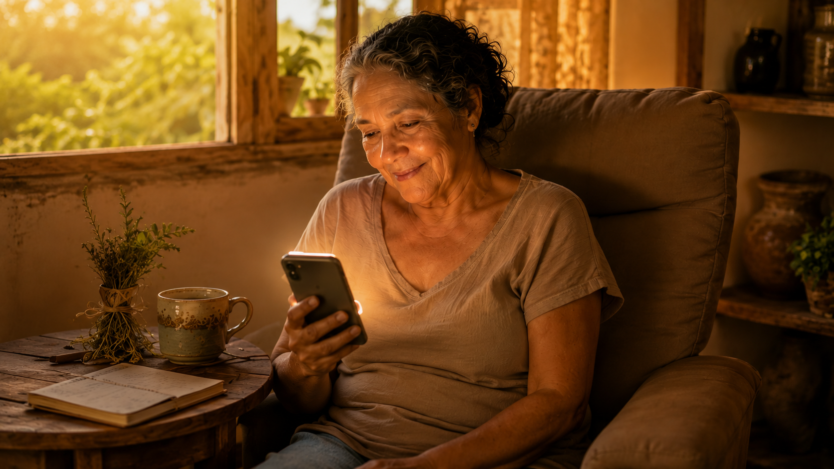 Mulher madura sorrindo enquanto olha o celular, sentada confortavelmente em uma poltrona com ervas e uma caneca ao lado