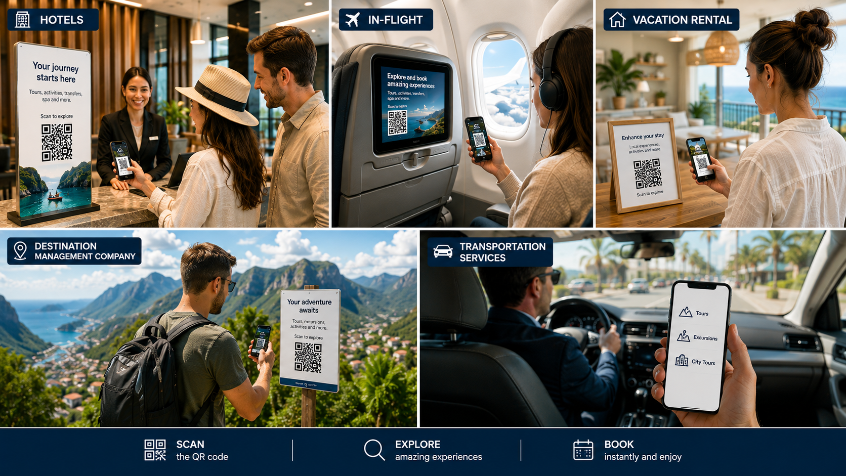 TripsWorld QR code use cases - Hotels, In-Flight, Vacation Rentals, Destination Management, and Transportation Services