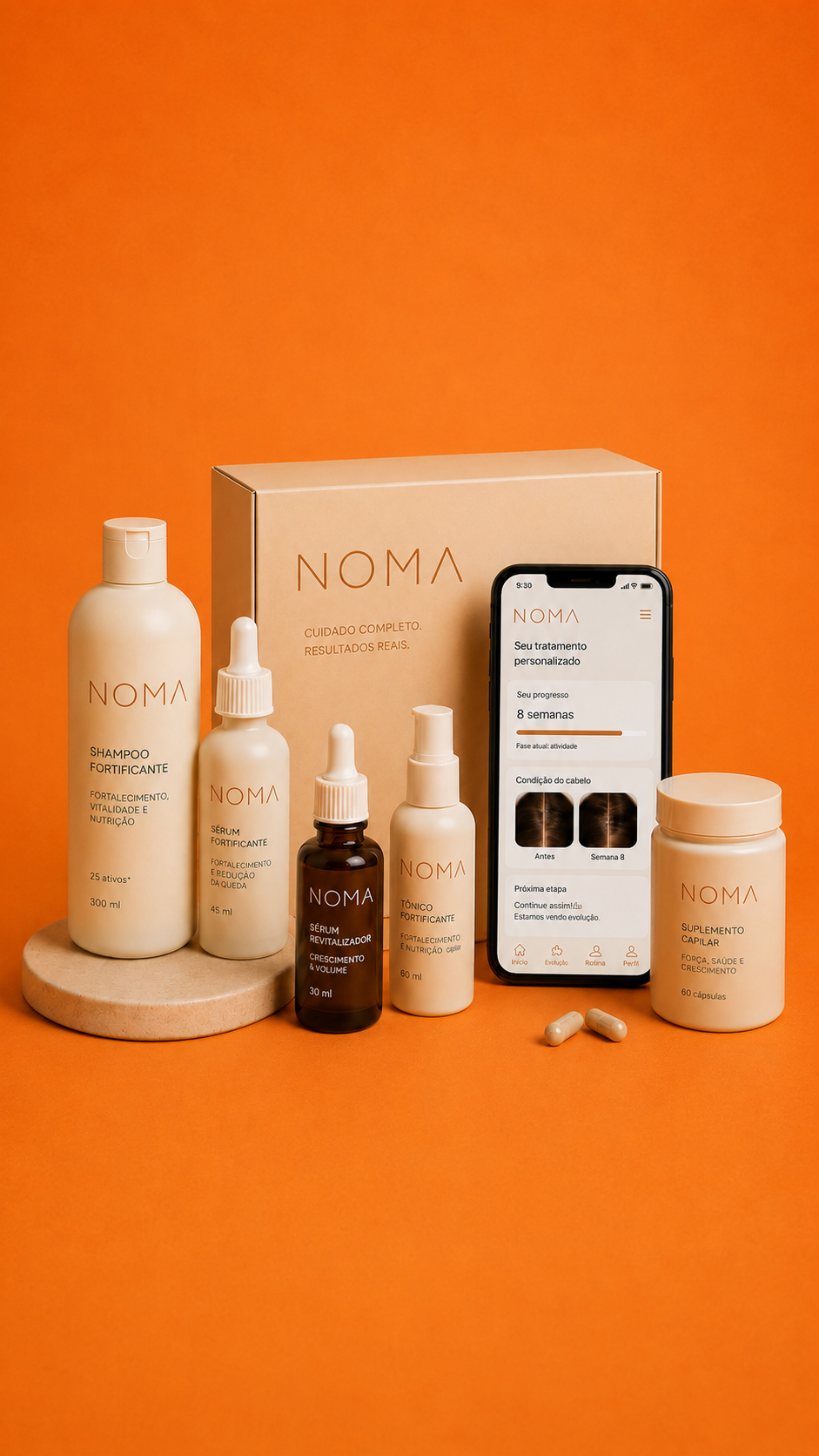 Kit completo NOMA com produtos capilares, embalagem e aplicativo de acompanhamento