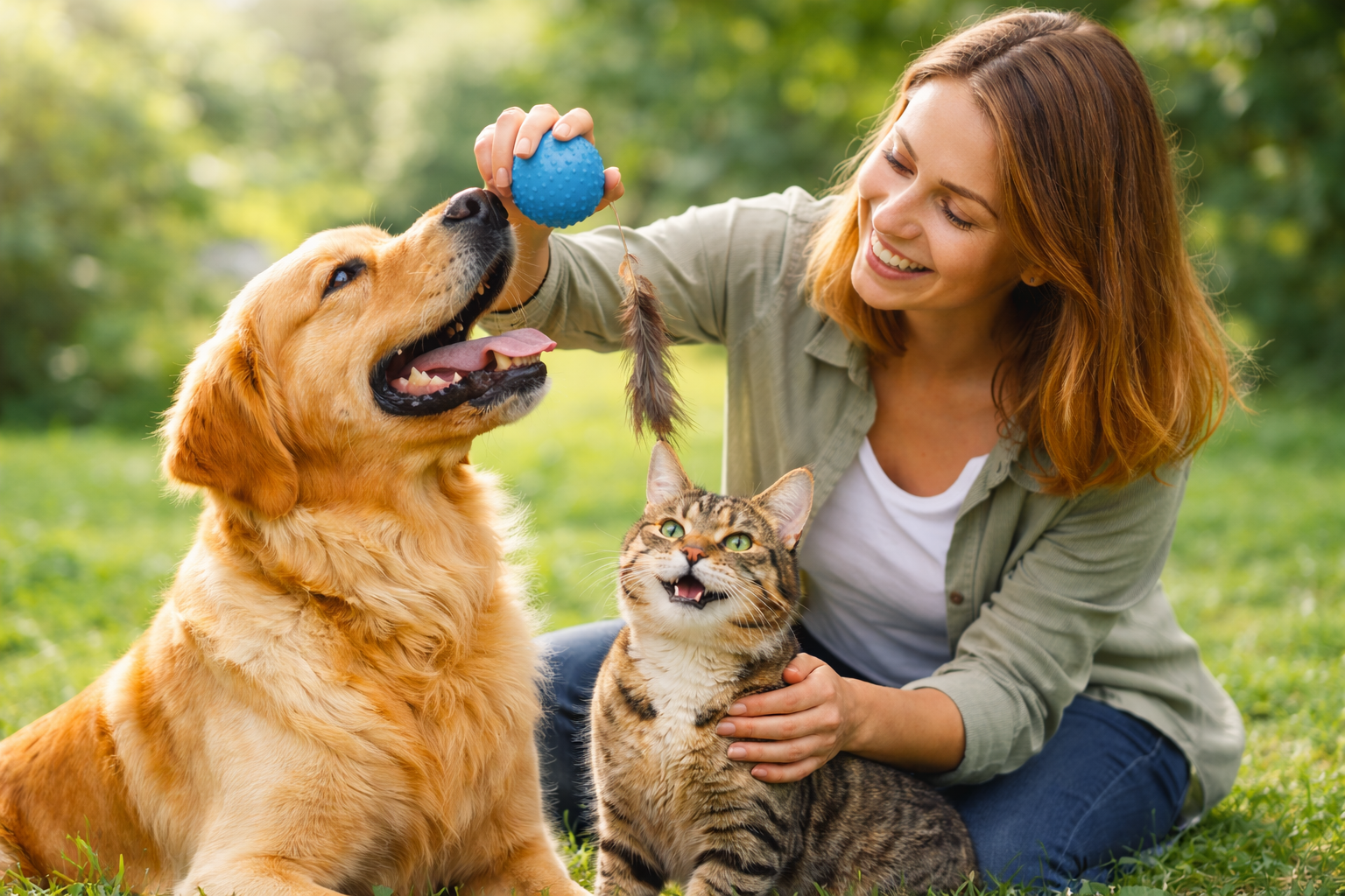 Uma mulher feliz brincando com um cachorro golden retriever e um gato em um jardim ensolarado