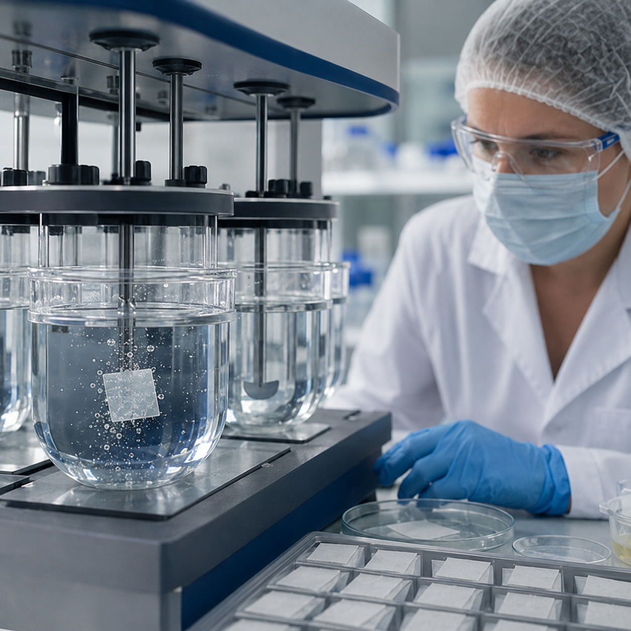 Quality control researcher inspecting oral film dissolution testing in a laboratory