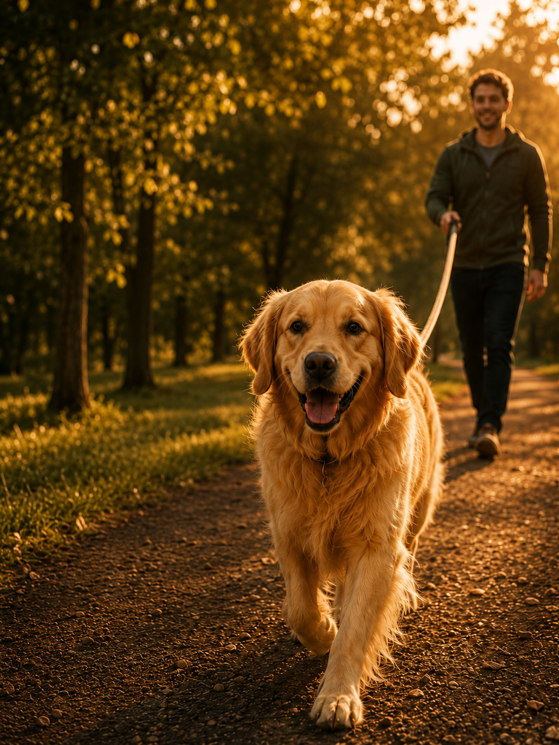 Happy Golden Retriever being walked in the park at sunset