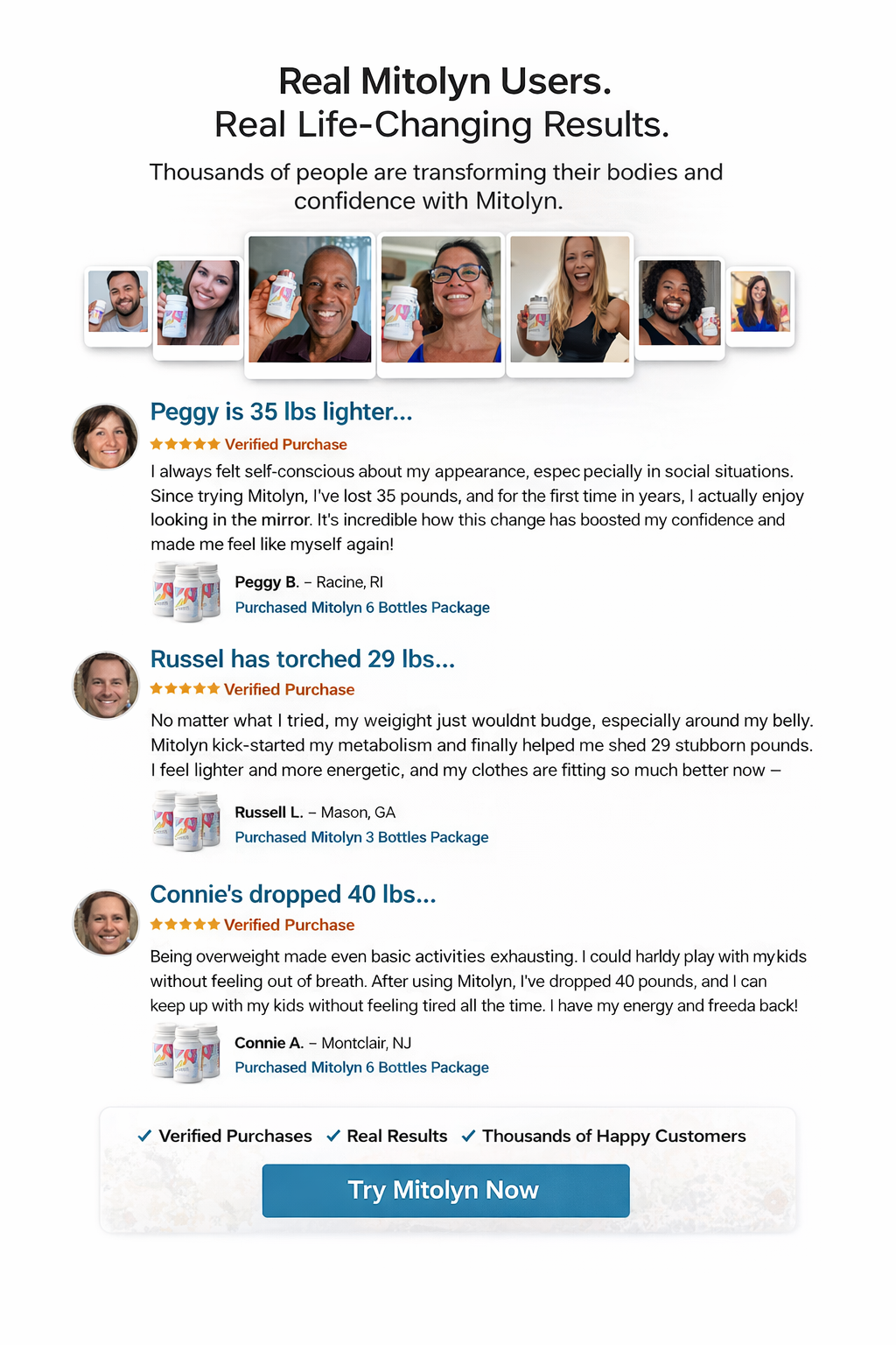 Real Mitolyn user testimonials - Peggy lost 35 lbs, Russell torched 29 lbs, Connie dropped 40 lbs