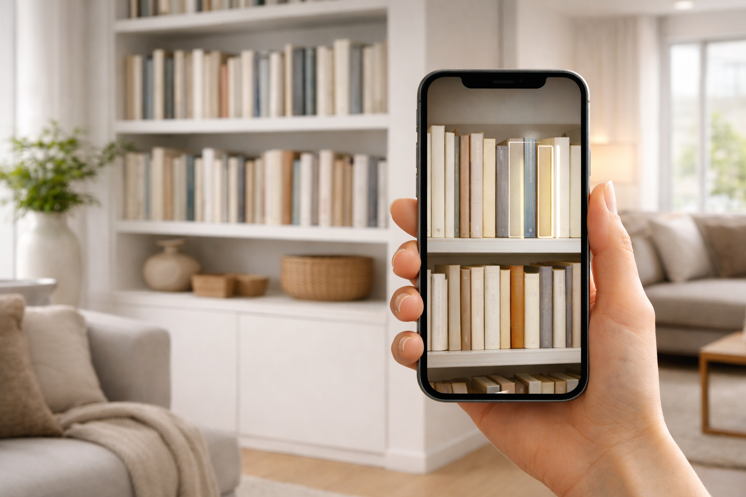 Bookami app scanning a bookshelf in a modern living room