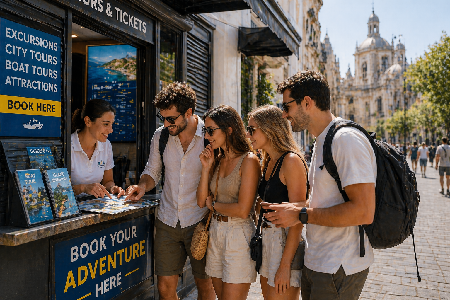 Tourists at a ticket booth booking excursions, city tours and boat tours