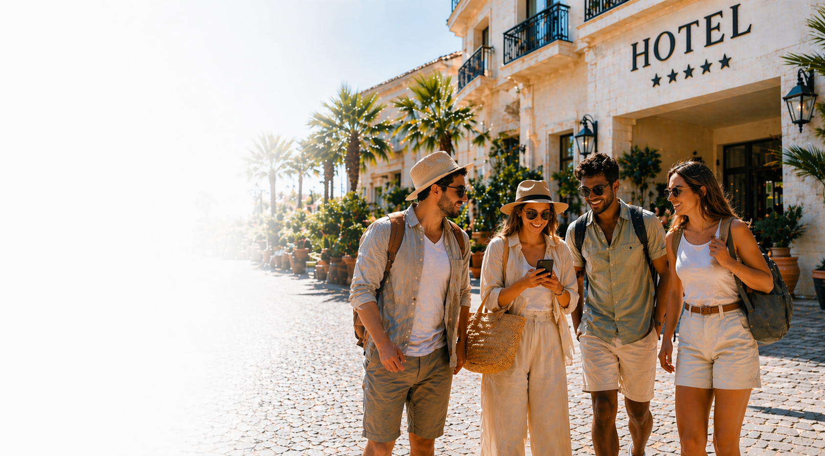 Travelers leaving hotel with smartphones planning activities