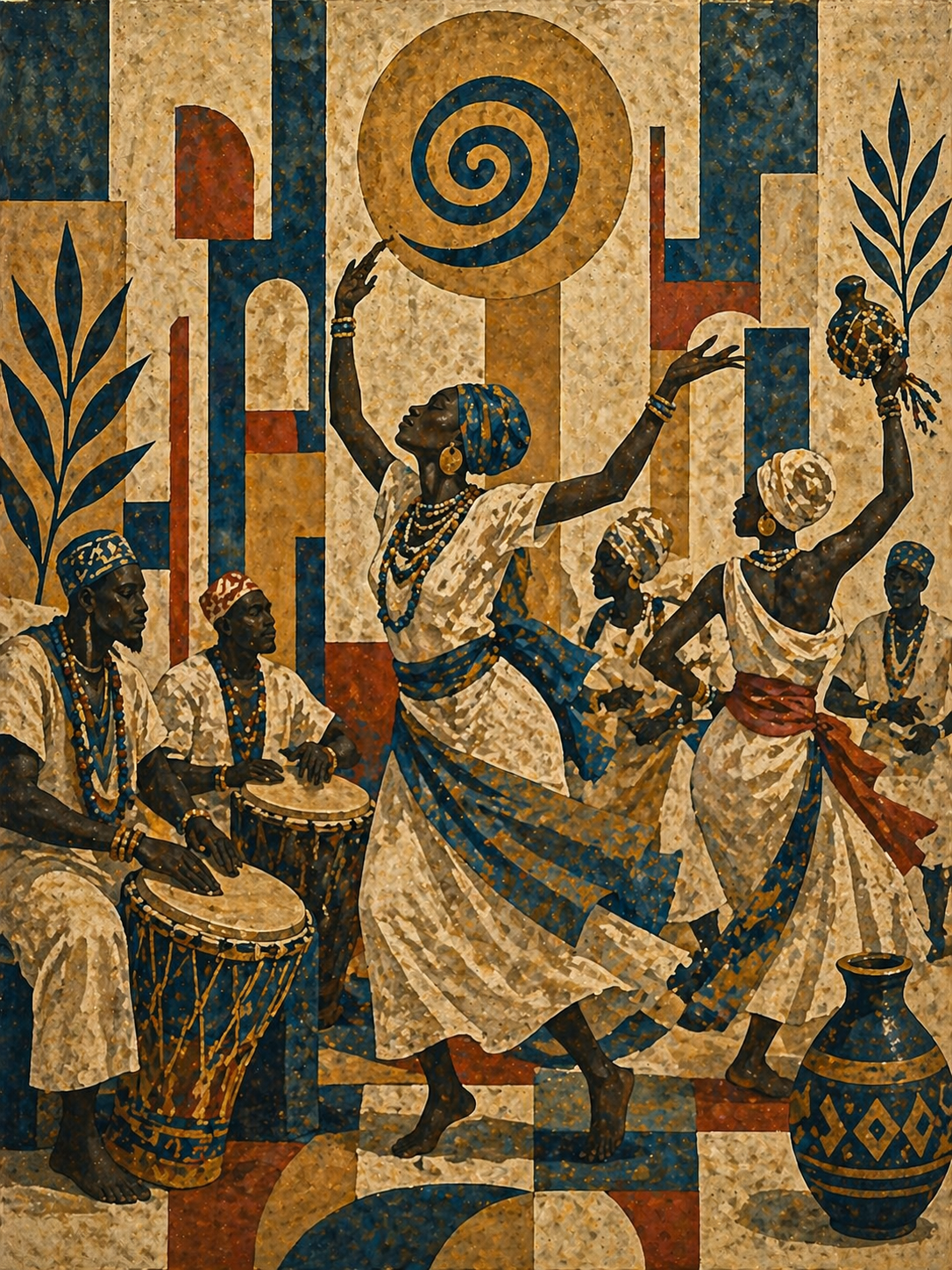 Ceremonia tradicional africana con tambores y bailarines