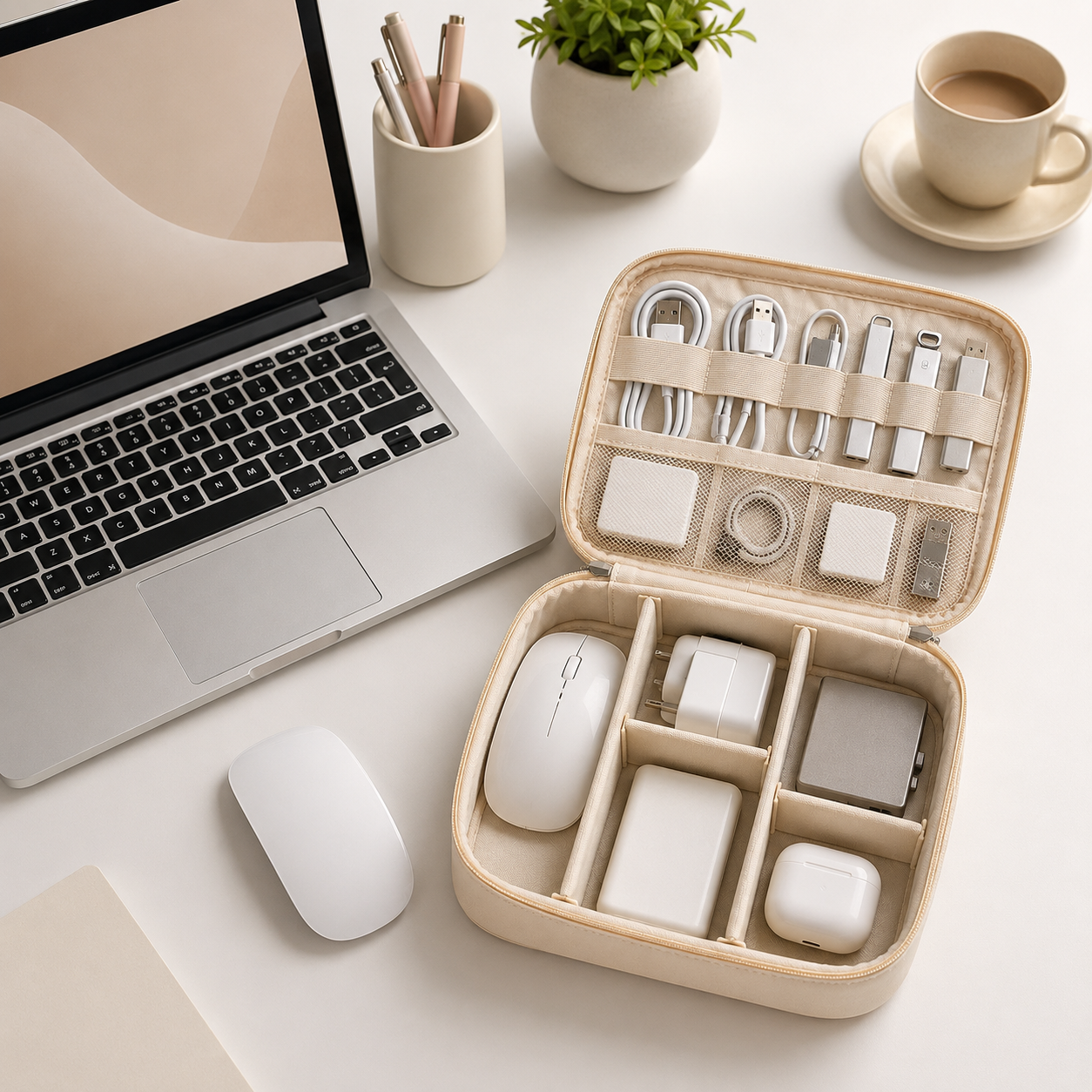 RIVOLLE organiser bag open on desk showing organised compartments with cables, adapters, mouse, and accessories