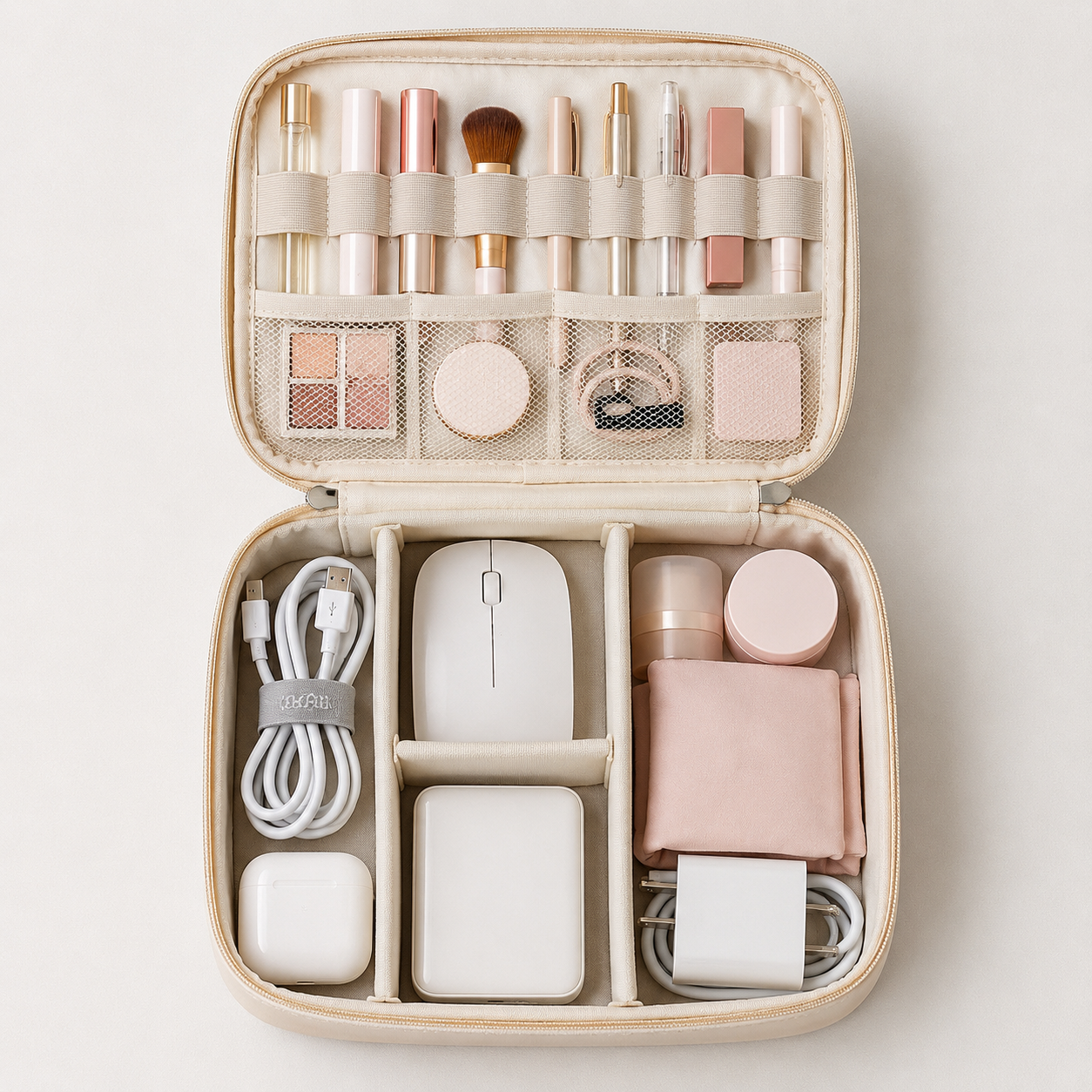 RIVOLLE bag open showing makeup, tech accessories, cables, and daily essentials organised
