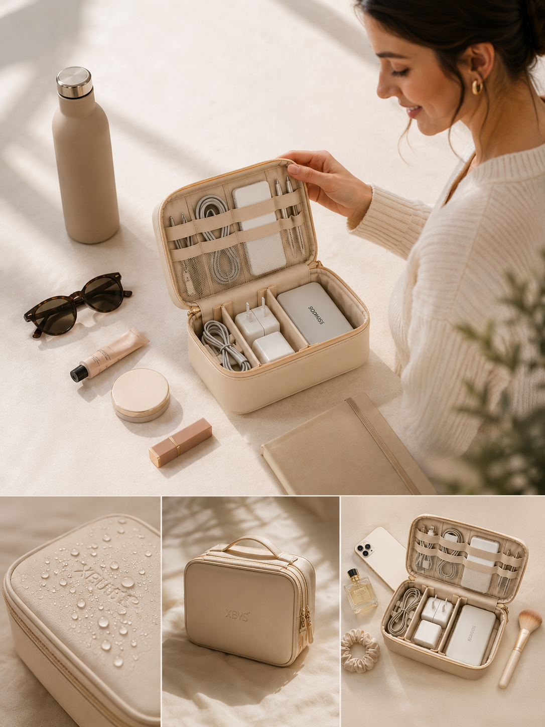 RIVOLLE organiser bag collage showing woman using the bag, waterproof feature detail, and multiple views of the product