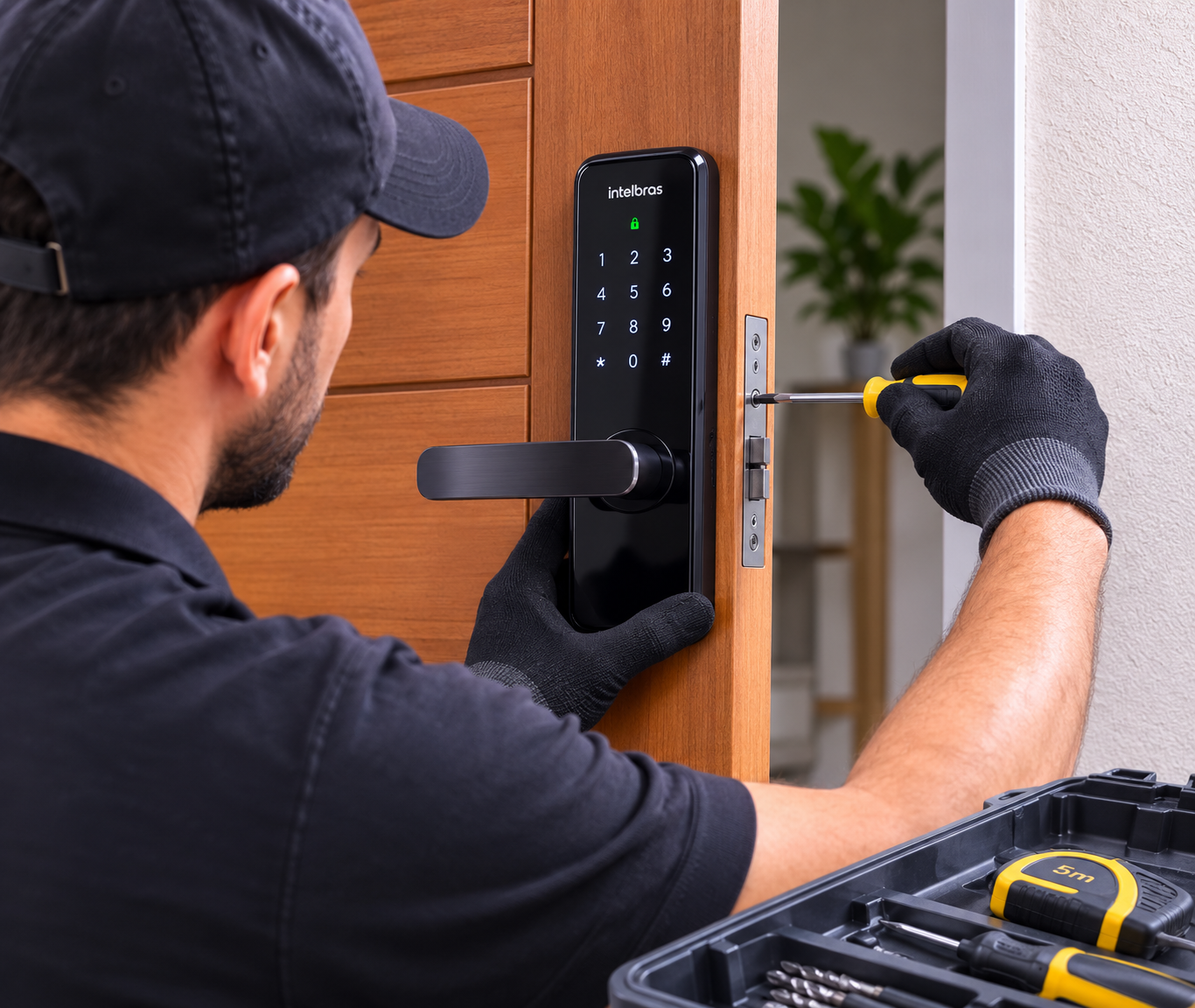 Técnico instalando fechadura eletrônica