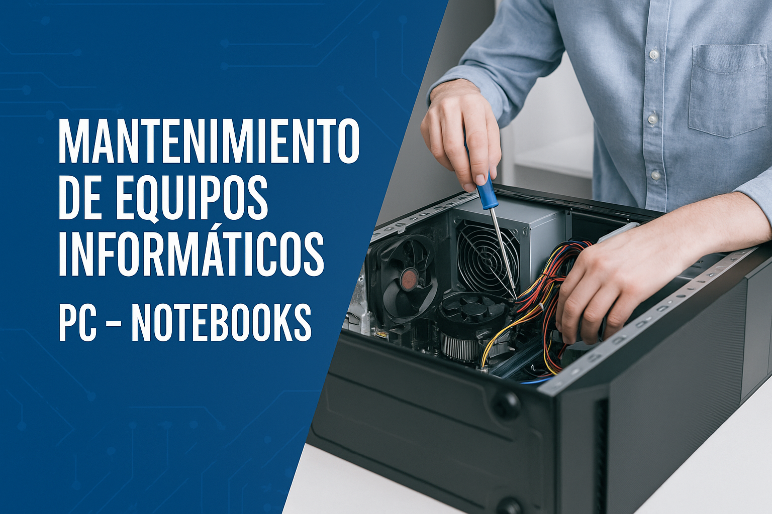 Técnico realizando mantenimiento de equipos informáticos PC y Notebooks
