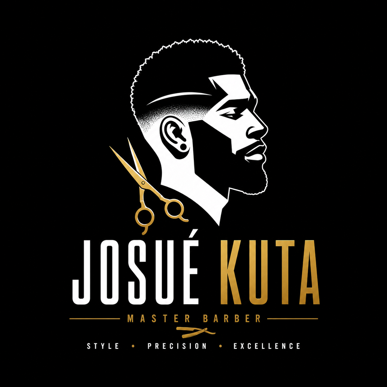 Logo Josué Kuta Master Barber — profil illustré avec ciseaux dorés