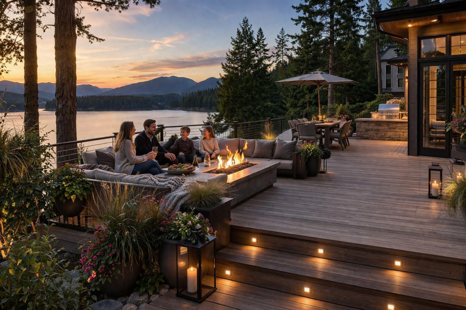 Family gathering on deck at sunset with fire pit and mountain views