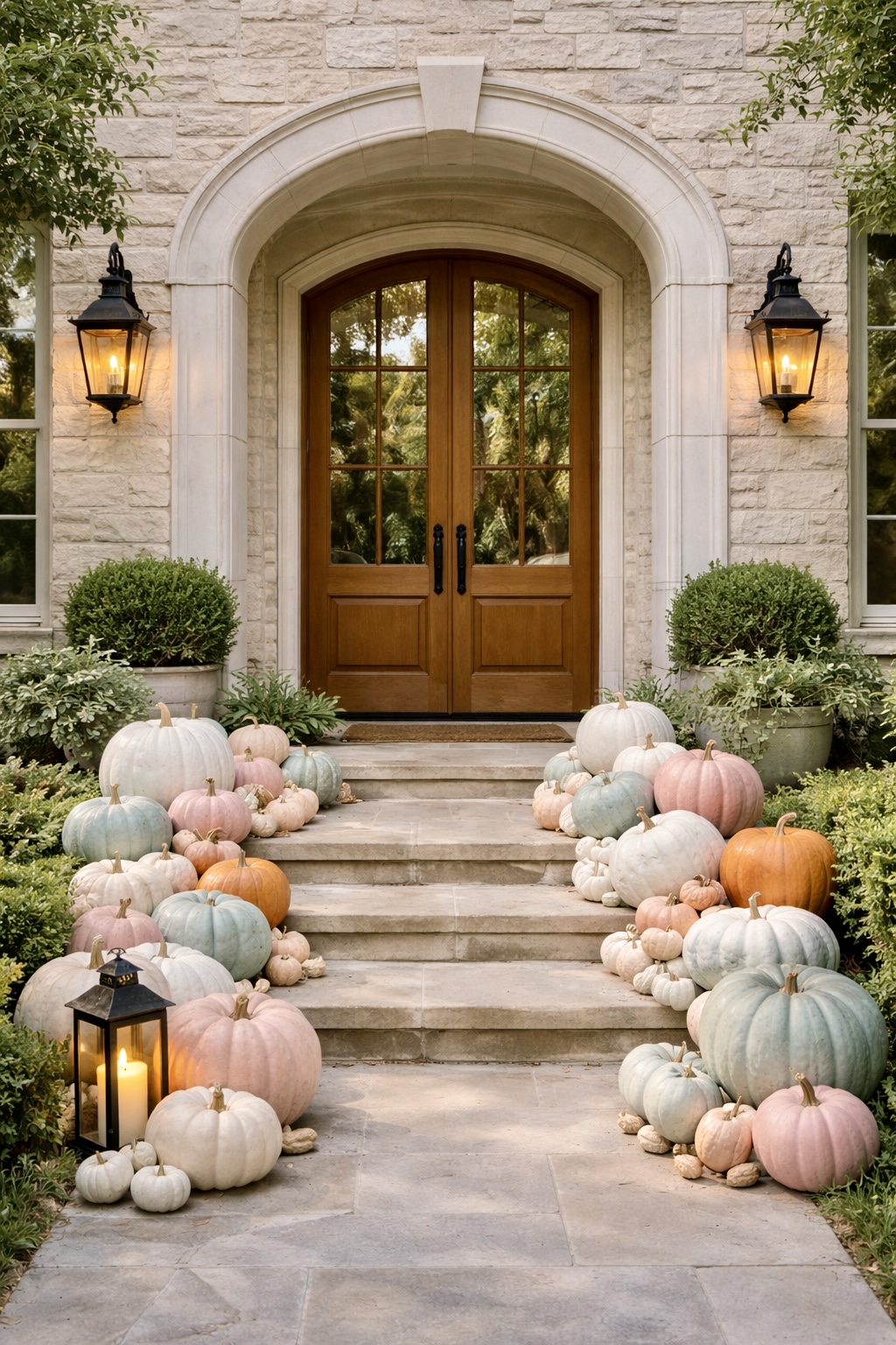Limestone mansion with pastel pumpkins on steps