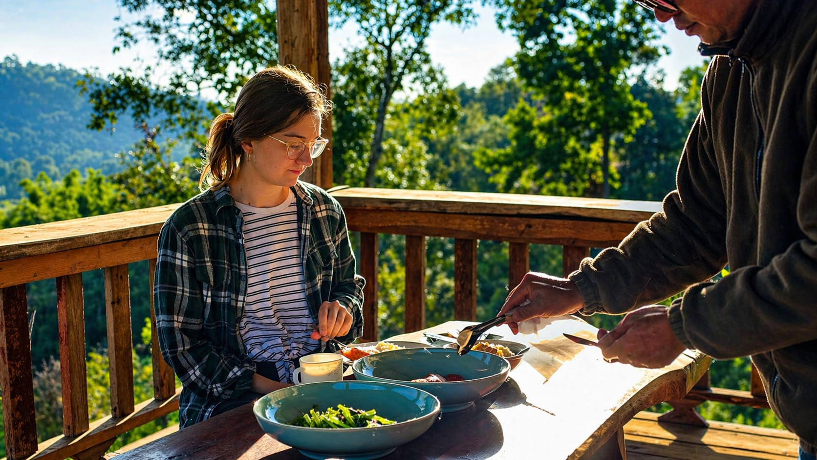 Outdoor mountain dining with forest views