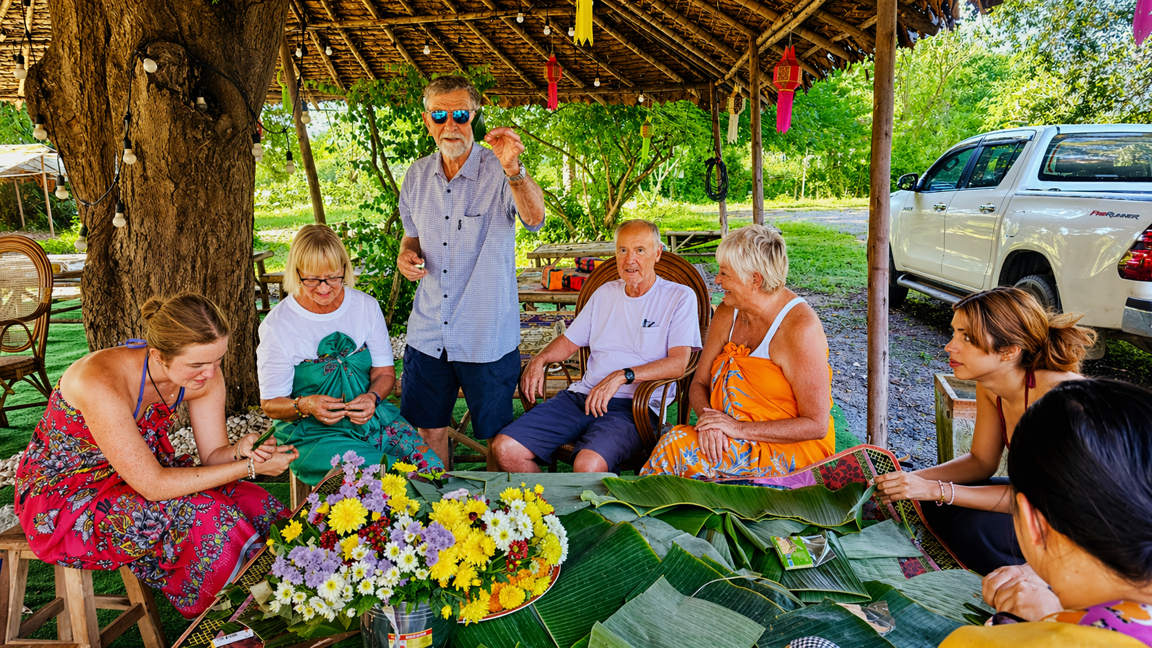 Group workshop under traditional Thai pavilion with colorful flowers