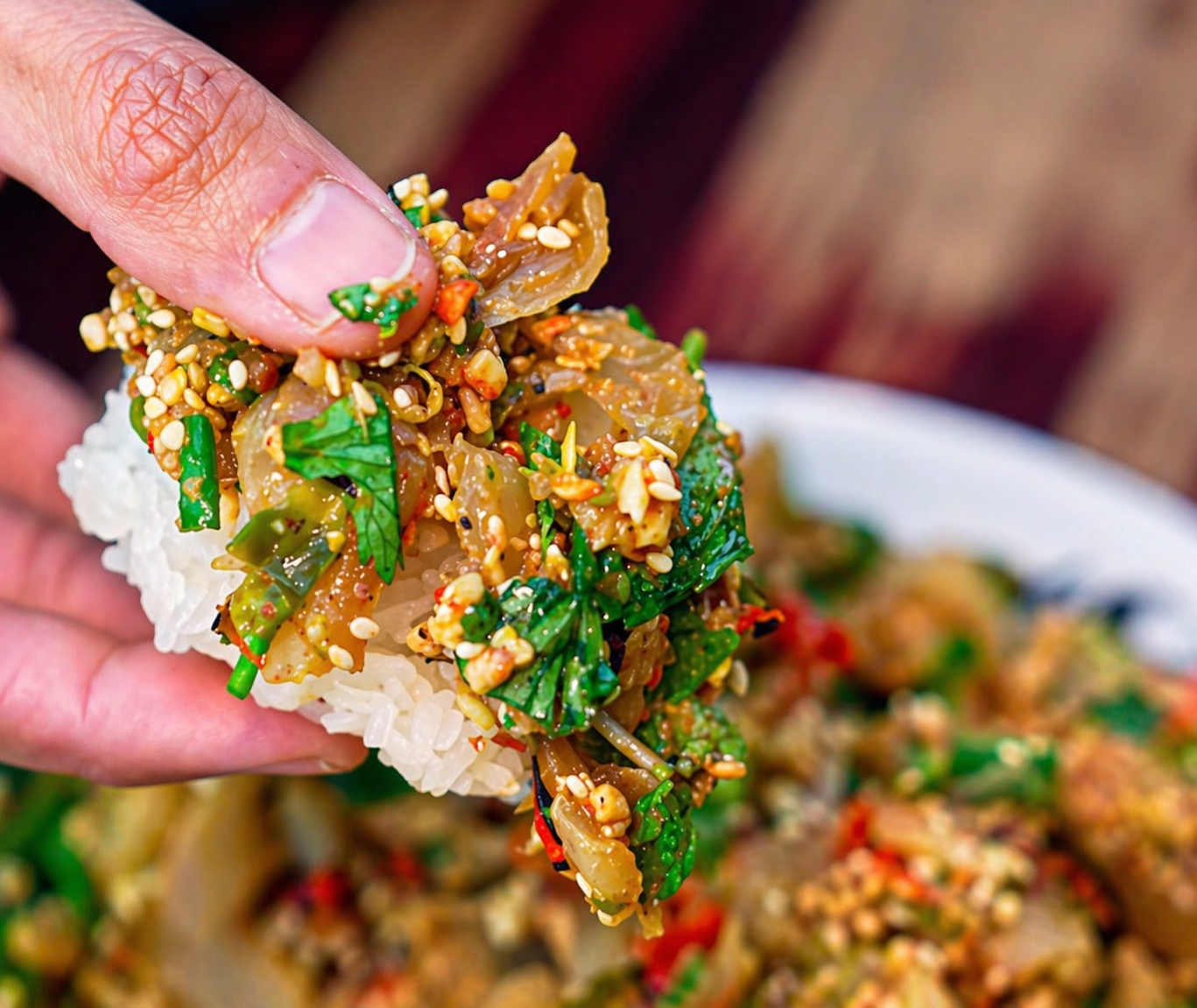 Thai herb sticky rice with fresh vegetables