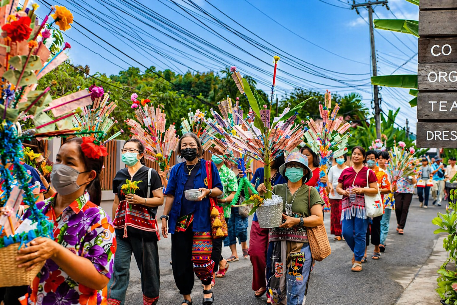 Traditional Thai festival parade with colorful decorations