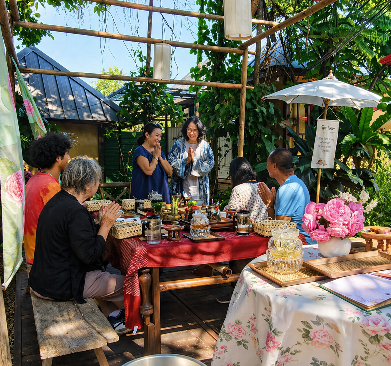 Traditional Thai tea ceremony in a lush garden setting