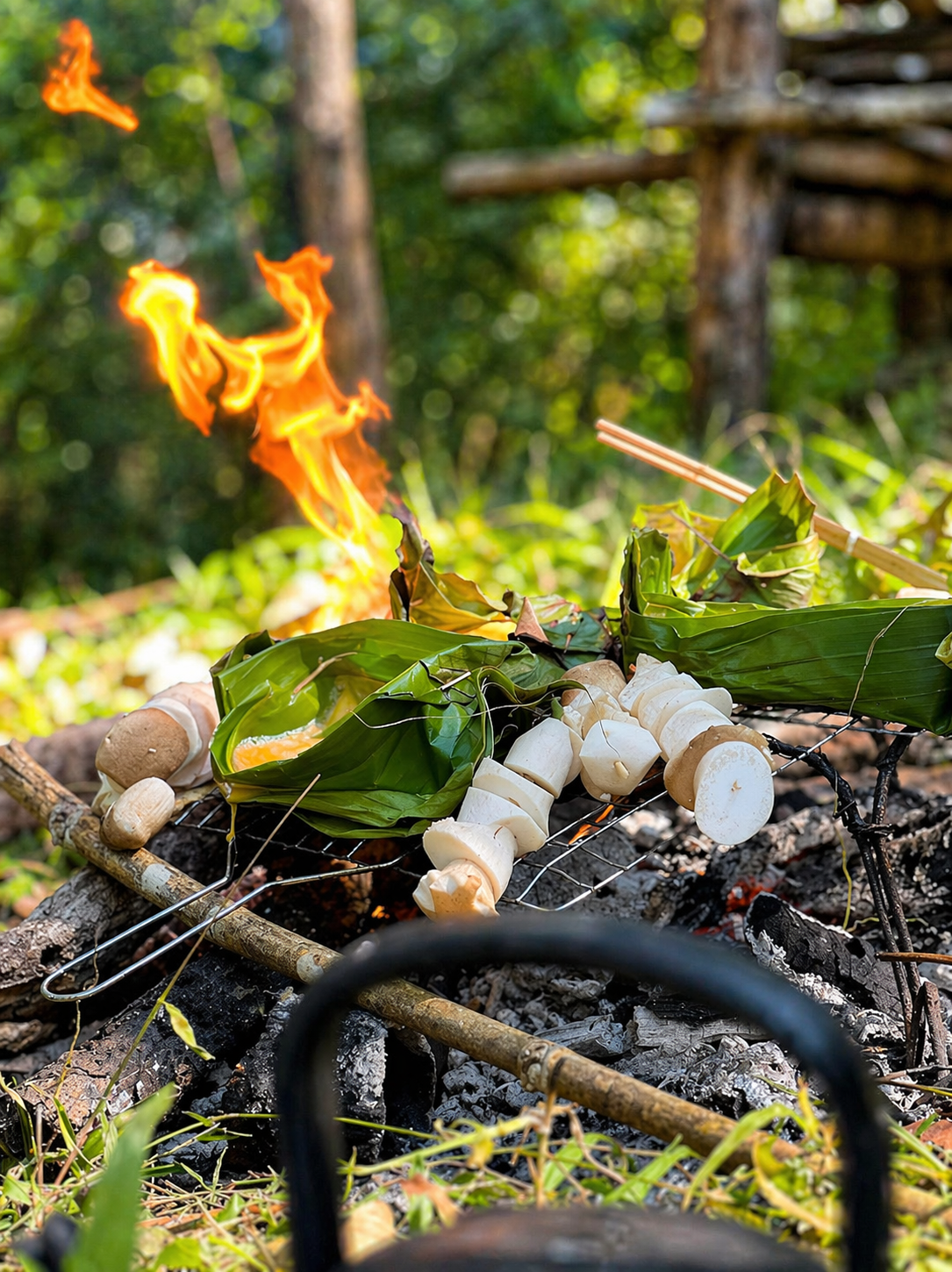 Traditional cooking over open fire with banana leaves