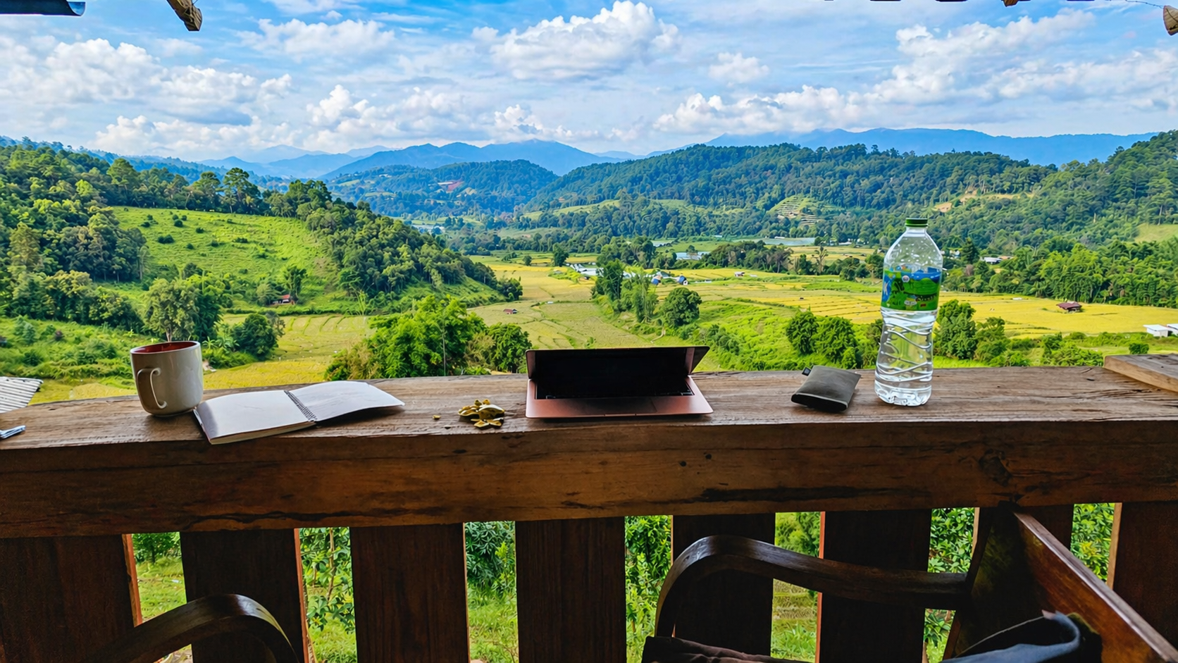 Mountain view workspace overlooking rice fields