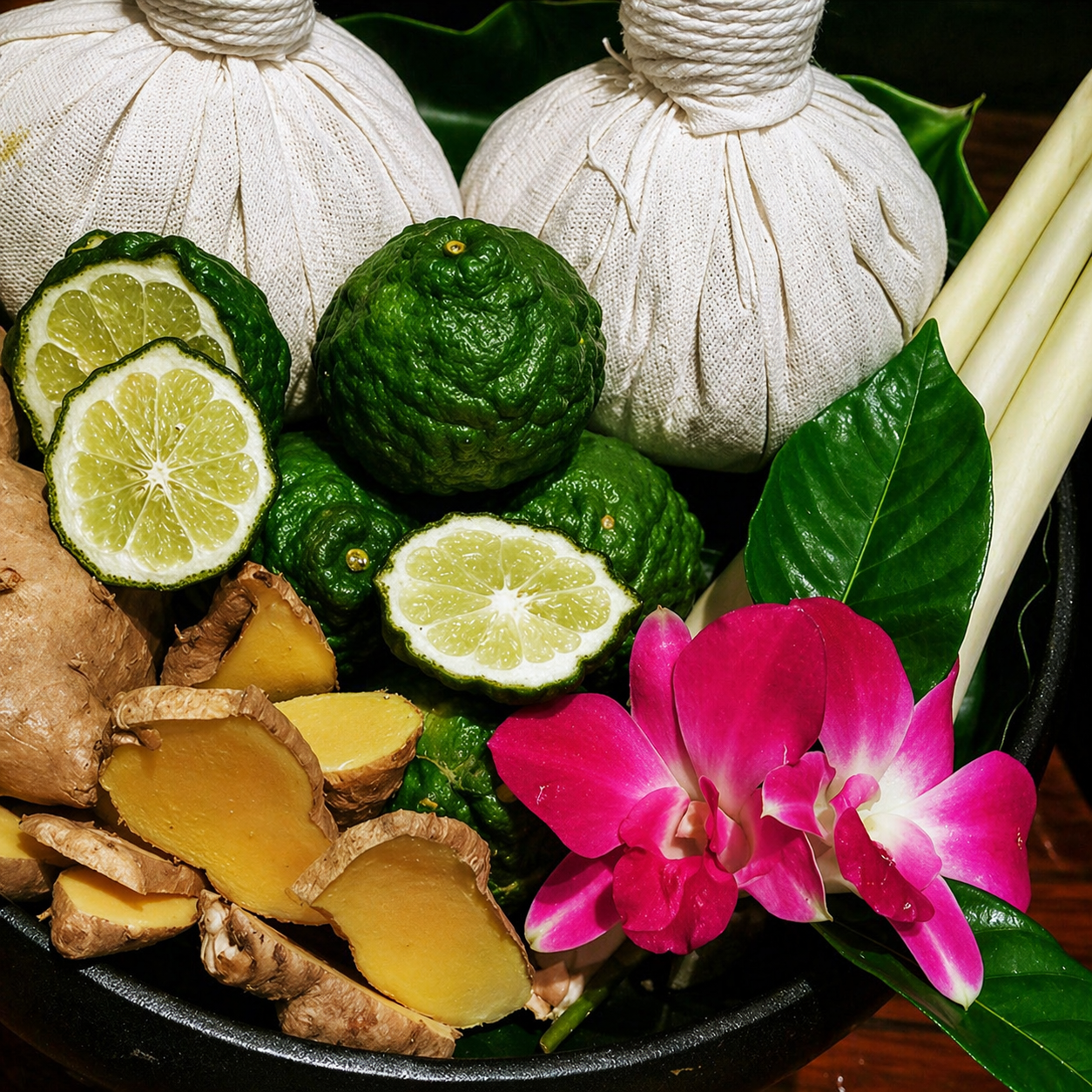 Thai herbal compress with kaffir lime and orchids