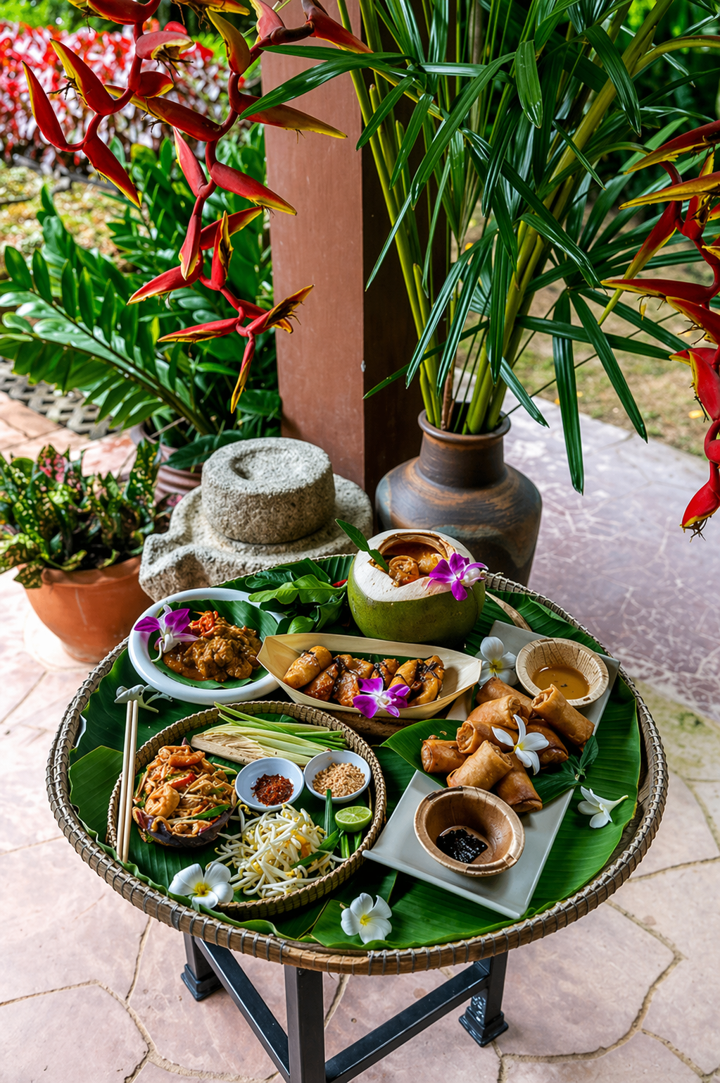 Traditional Thai appetizer platter with spring rolls and Pad Thai in tropical garden setting