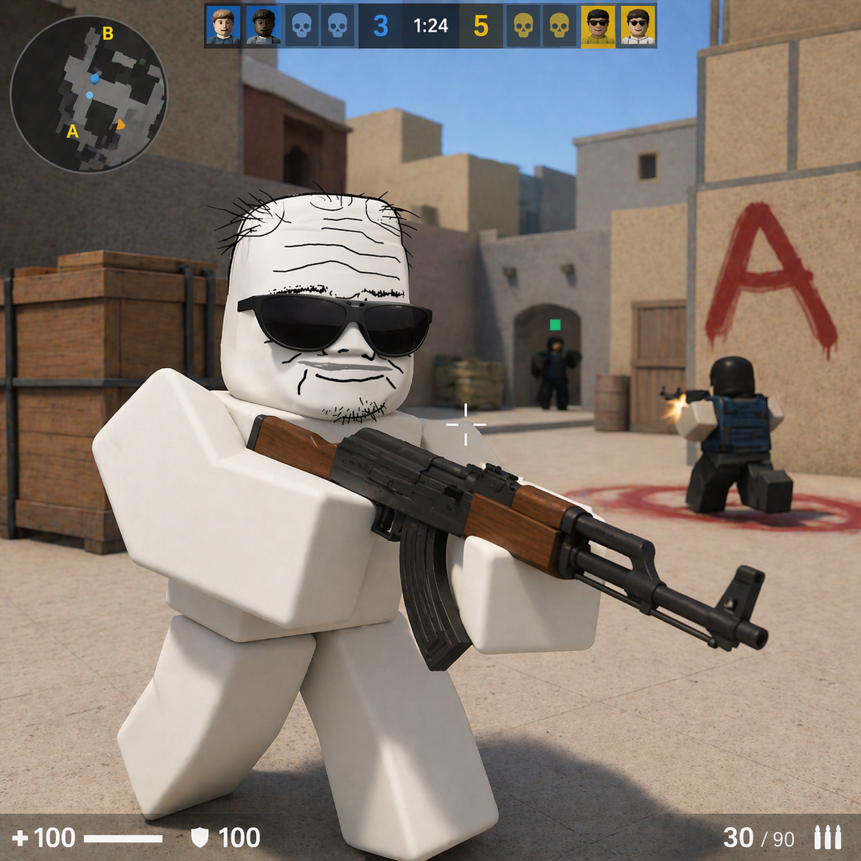 Roblunc holding an AK in a battle arena