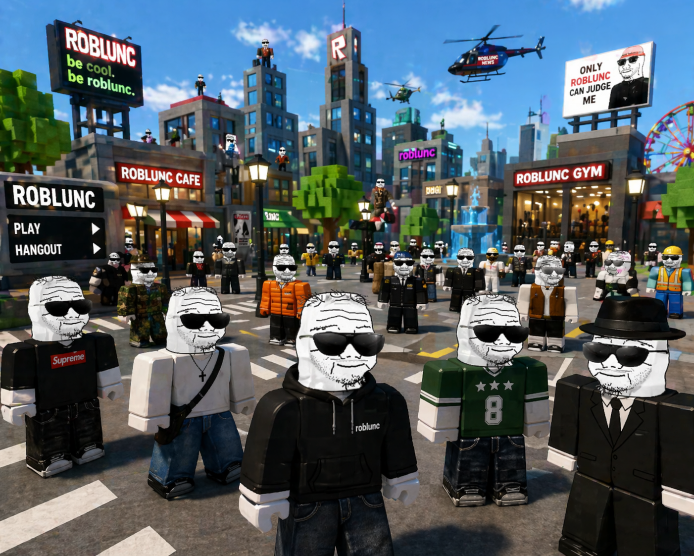 The Roblunc city with a crowd of followers