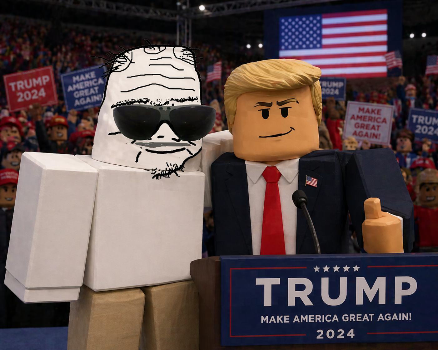 Roblunc standing next to a powerful figure at a rally