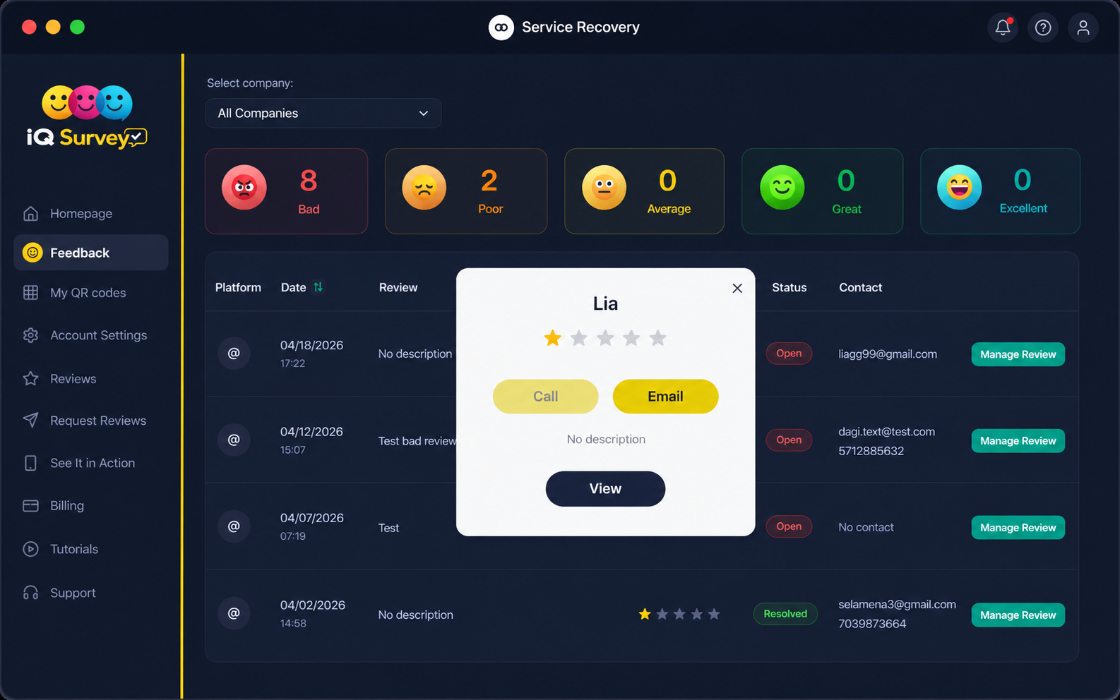 IQ Survey Service Recovery Dashboard showing feedback statistics, review management, and customer contact options