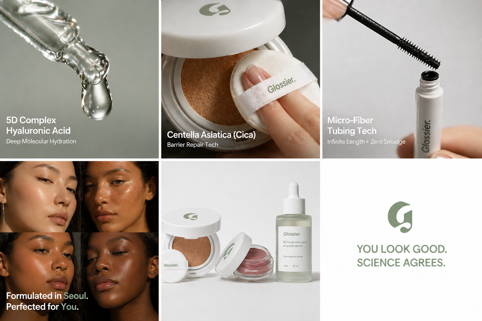 Glossier Campaign - Product grid featuring hyaluronic acid serum, cushion compact, mascara, diverse models, and product lineup