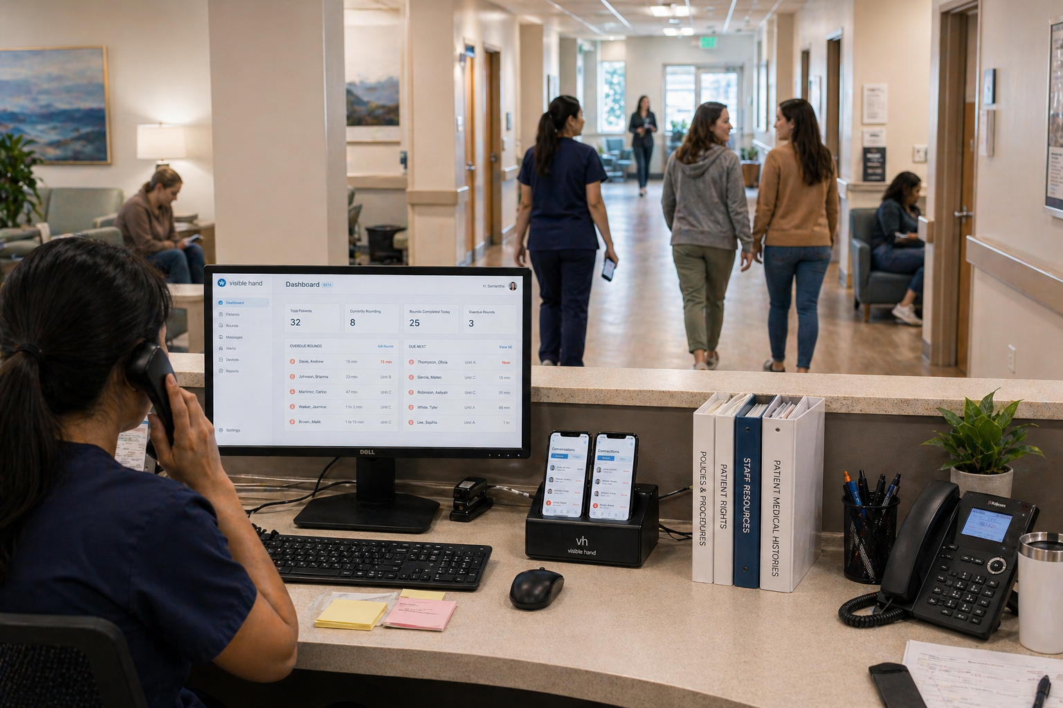 Nurse station with VisibleHand dashboard on monitor showing 32 patients, 8 currently rounding, 25 rounds completed, and 3 overdue, with branded phone charging dock