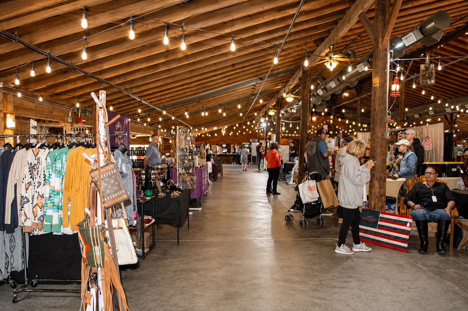 Circle R Ranch market vendor area with string lights