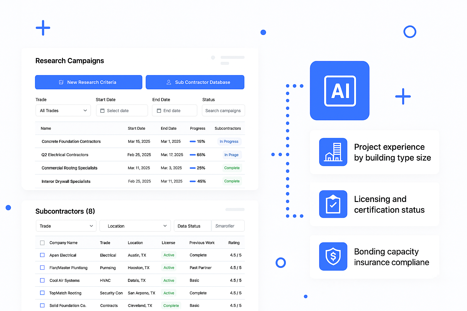 AI Trade Partner Research dashboard showing research campaigns and subcontractor database with ratings