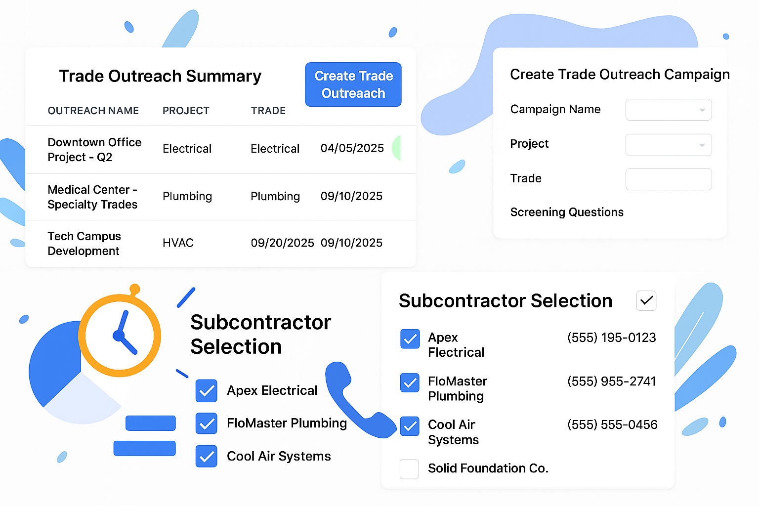 AI Voice Call Outreach interface showing trade outreach summary and subcontractor selection