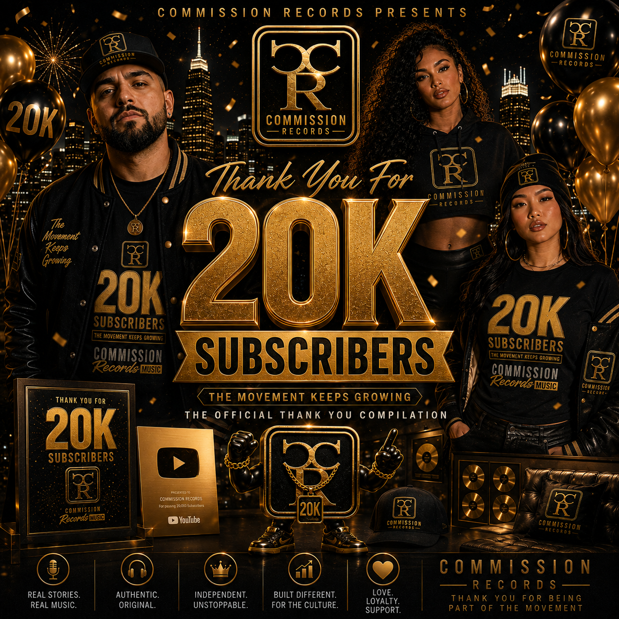 Road To 20K - Thank You For 20K Subscribers official thank-you compilation cover in black and gold, Commission Records presents three artists in CR apparel around a large gold 20K Subscribers emblem, with the CR logo, gold balloons, fireworks, a YouTube gold play-button plaque, gold records, and a nighttime city skyline, tagged The Movement Keeps Growing