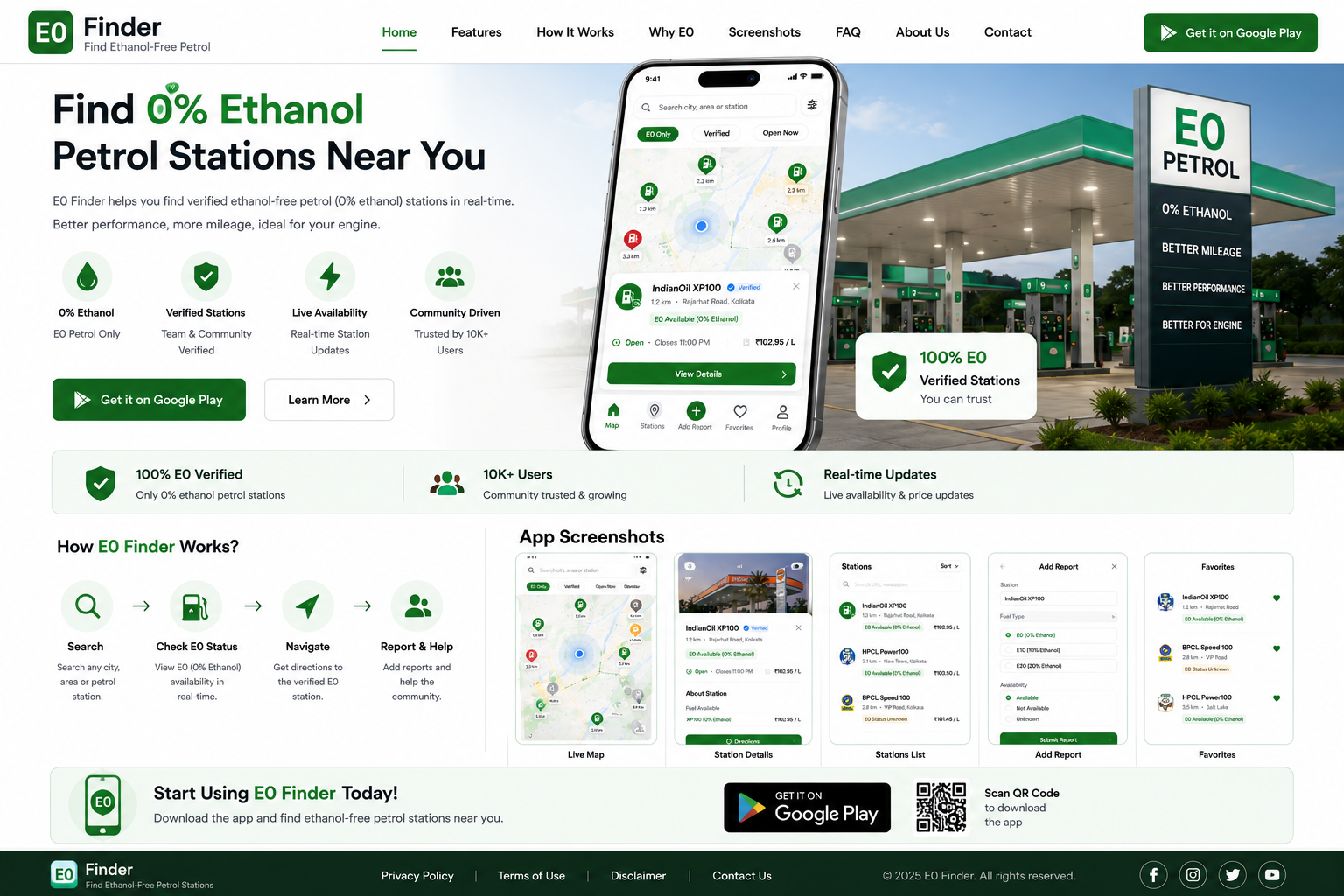 EO Finder app showing verified petrol stations