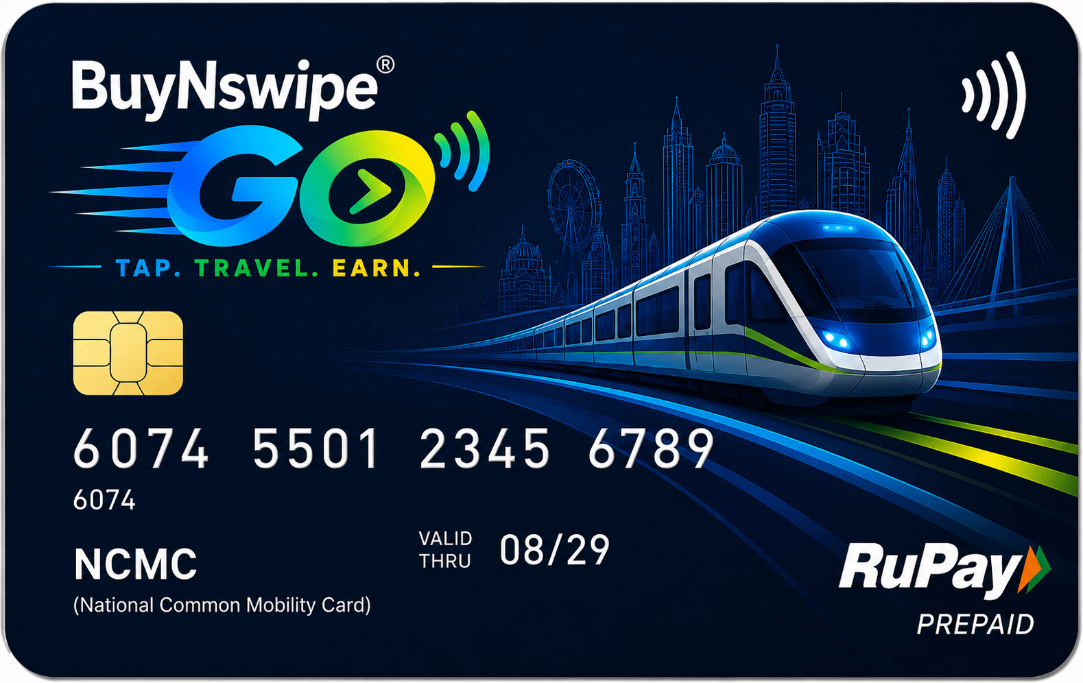 BuyNswipe Go RuPay prepaid NCMC card with a futuristic train