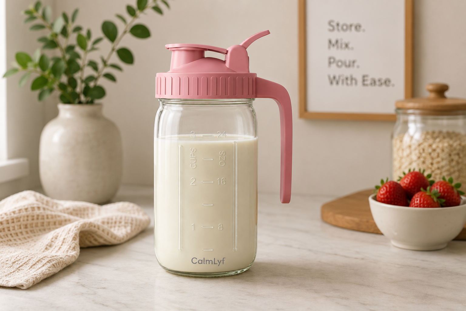 CalmLyf pink-lidded glass pitcher in a soft kitchen setting