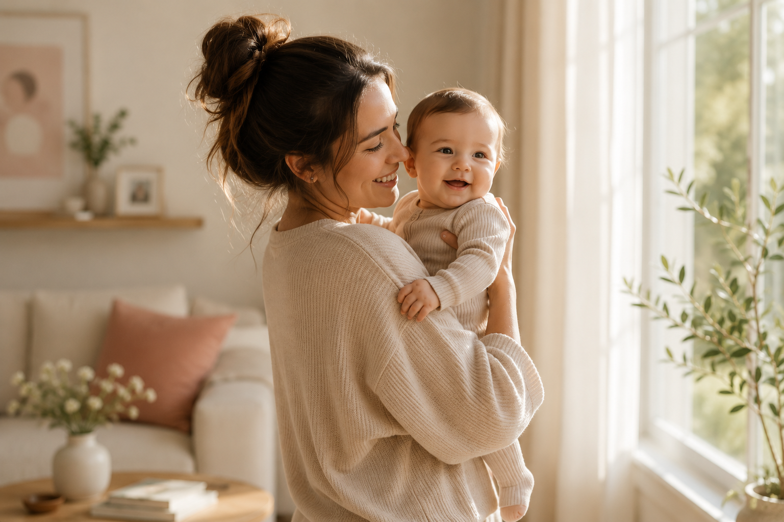 Mother and baby sharing a joyful moment in a sunlit room