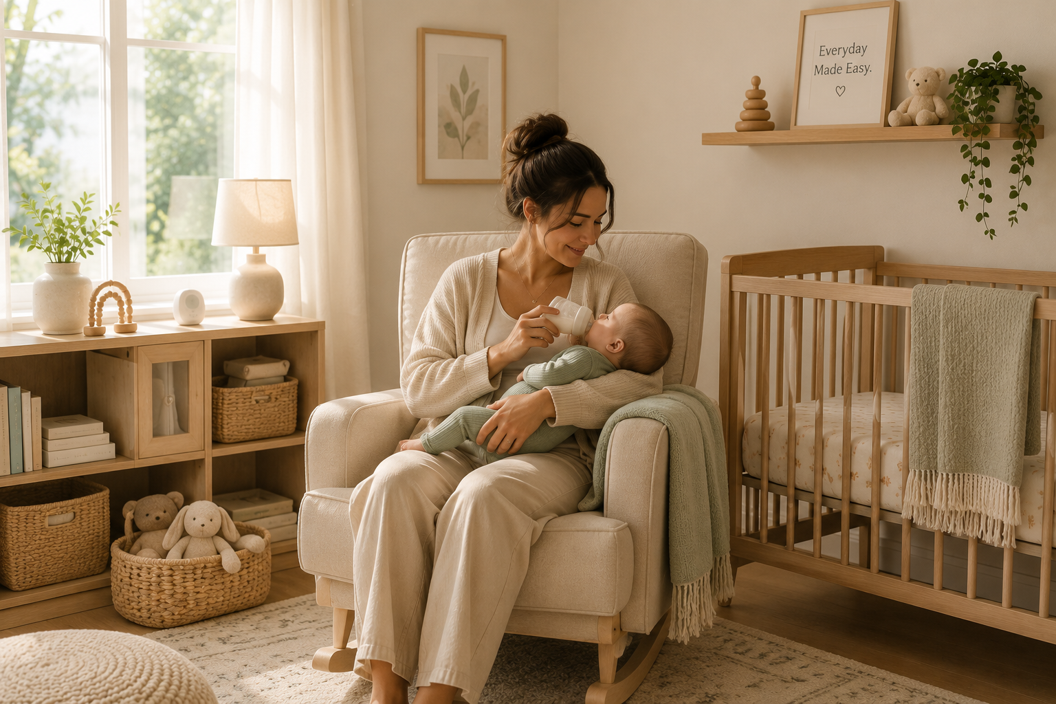 Mother feeding her baby in a warm, organized nursery