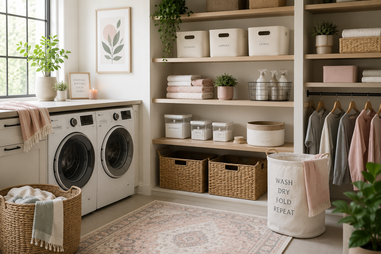 A calm, organized home with labeled baskets and folded textiles