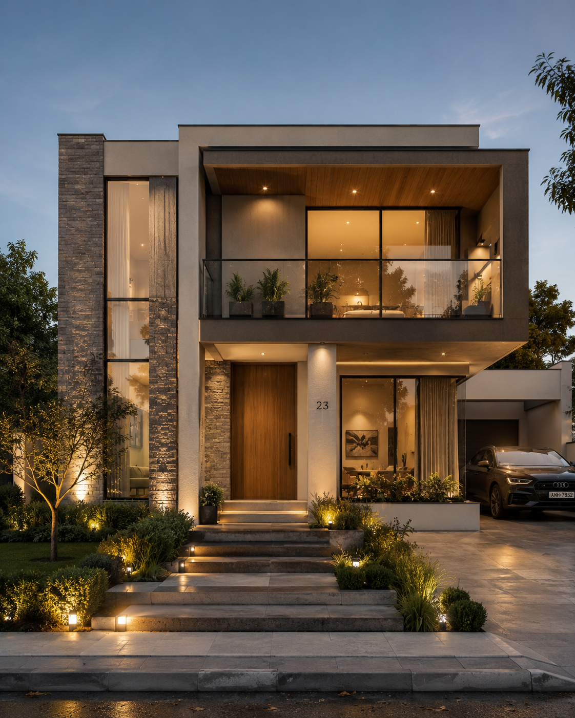 Rumah modern dua lantai dengan pencahayaan taman