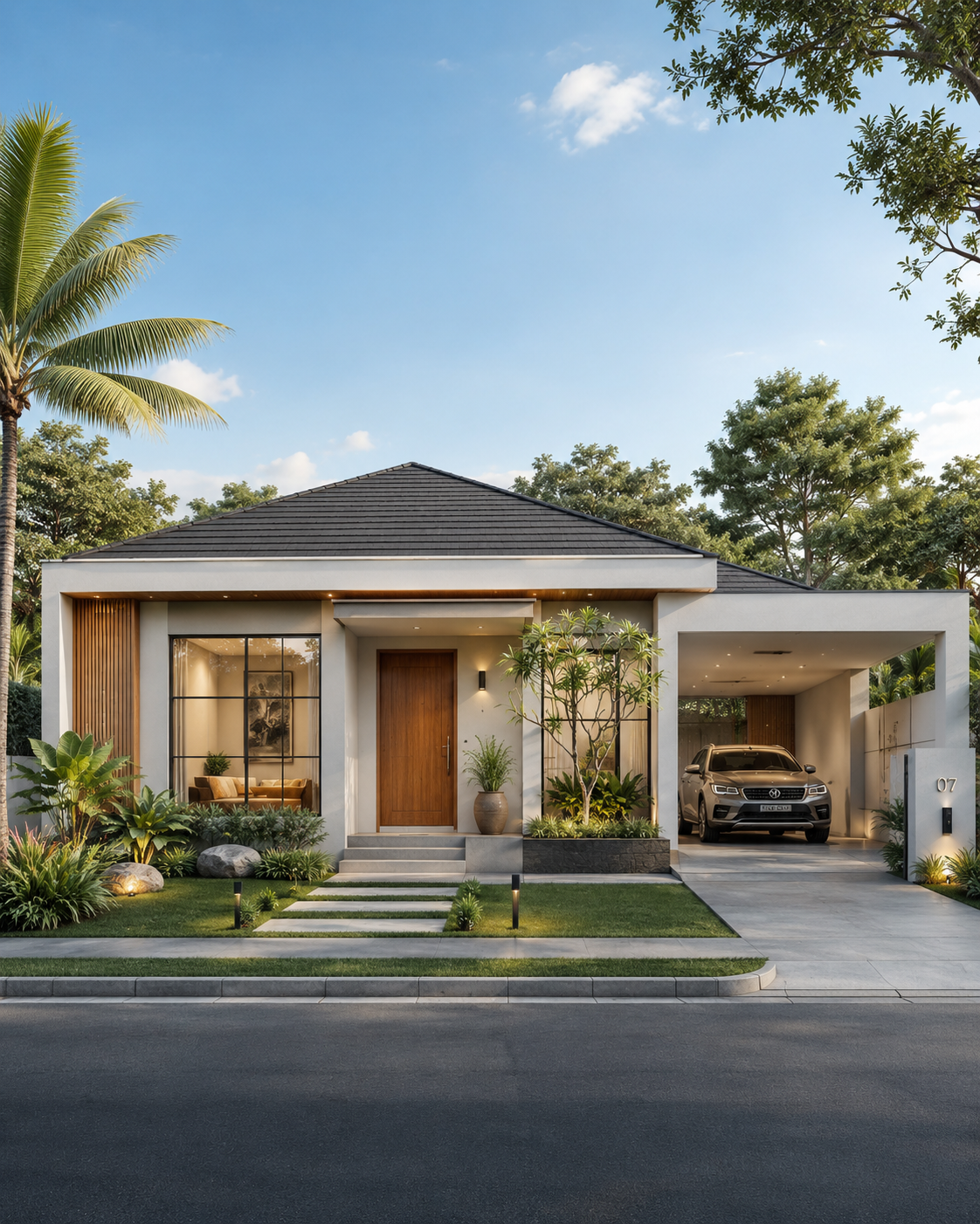 Rumah modern satu lantai dengan taman tropis